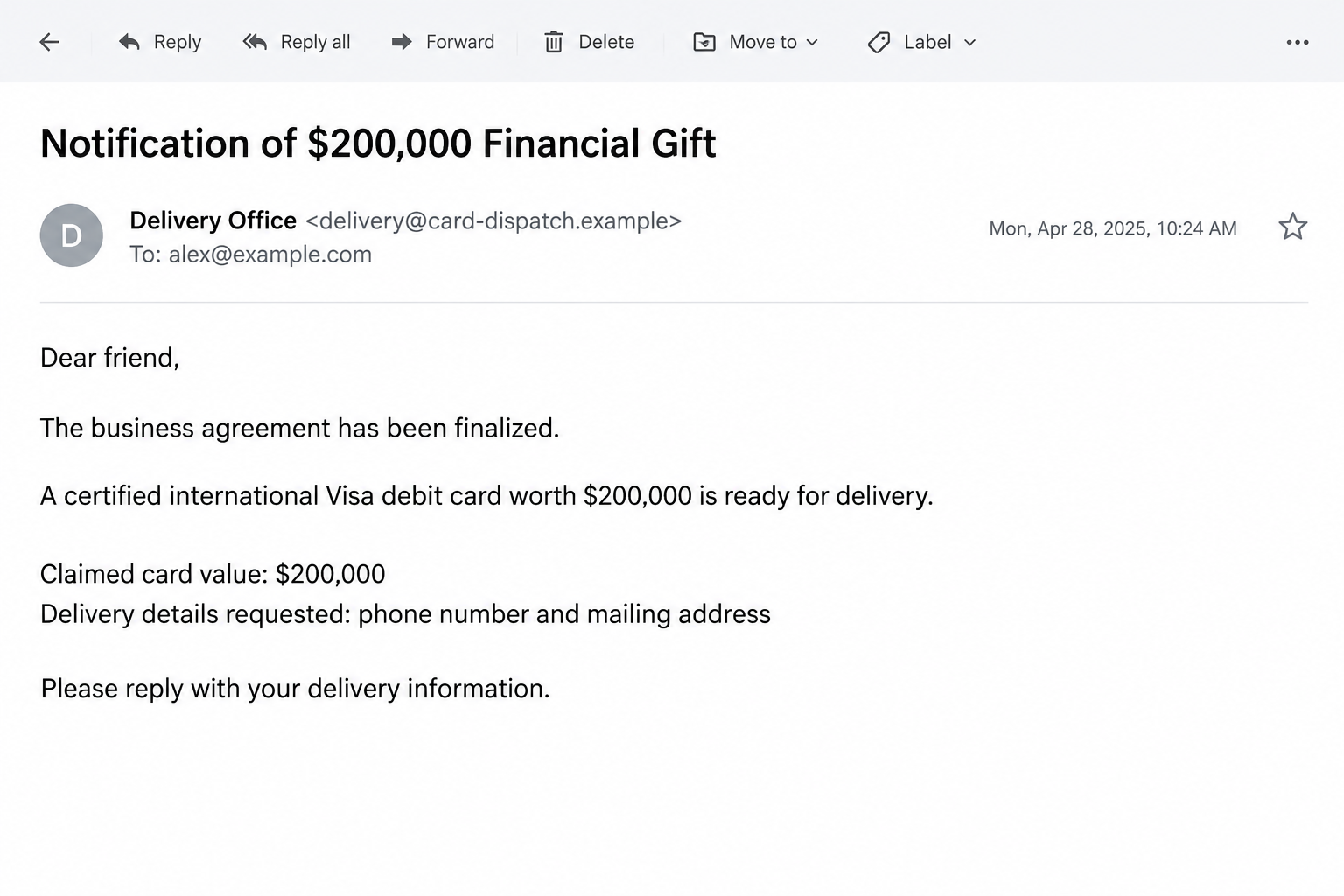 Illustrative Business Agreement Finalized email promising a $200,000 debit card and asking for delivery information