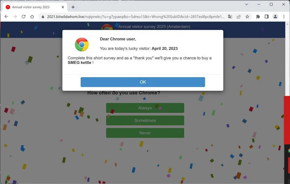 Screenshot of Bitwildwhom.live Fake Survey