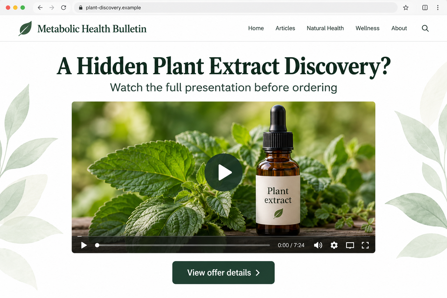 Dr. Takashi Kadowaki Plant Extract Scam EXPOSED - Fake Cure Investigation 1 Fictional example interface illustrating a plant-extract video sales pitch, not an original Kadowaki advertisement