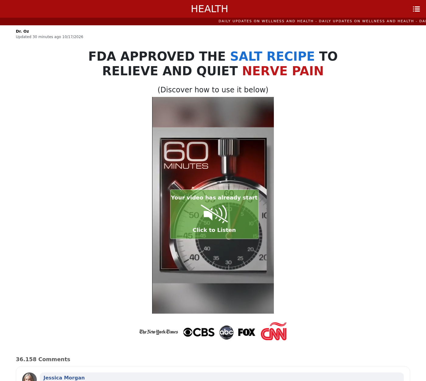 Original salt-recipe sales advertorial using a Dr. Oz byline, FDA approval wording, a television-style video, and broadcaster logos