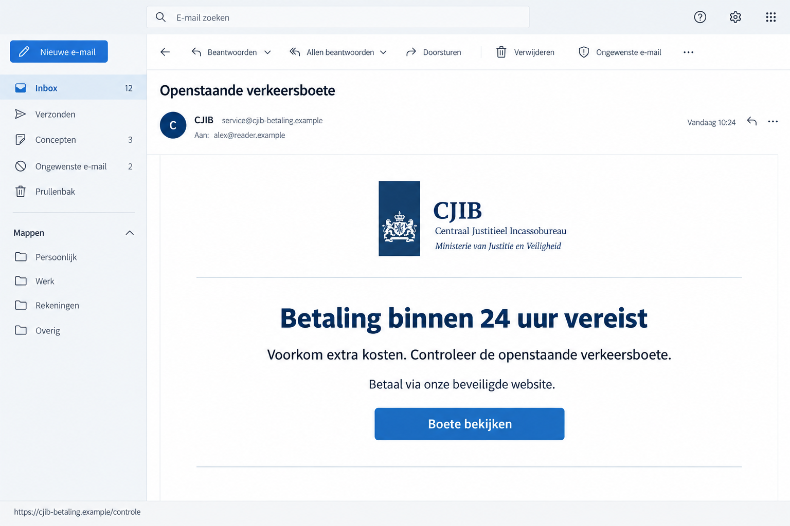 Illustration of a false CJIB traffic fine email demanding payment within 24 hours through a fictional link