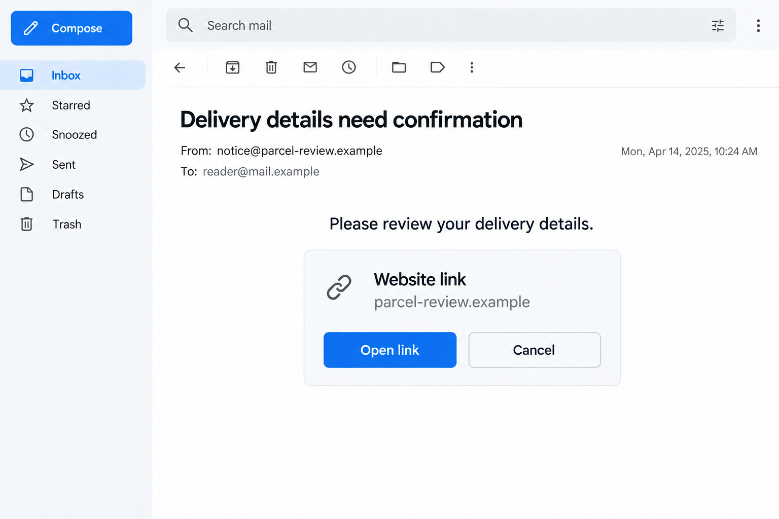 QR Code Scams Explained: How a Quick Scan Can Lead to a Fake Payment Page 1 Fictional delivery email and link-preview panel showing an example-domain destination