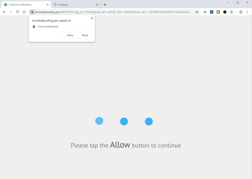 Image: Chrome browser is redirected to the Inronbabunling.pro site