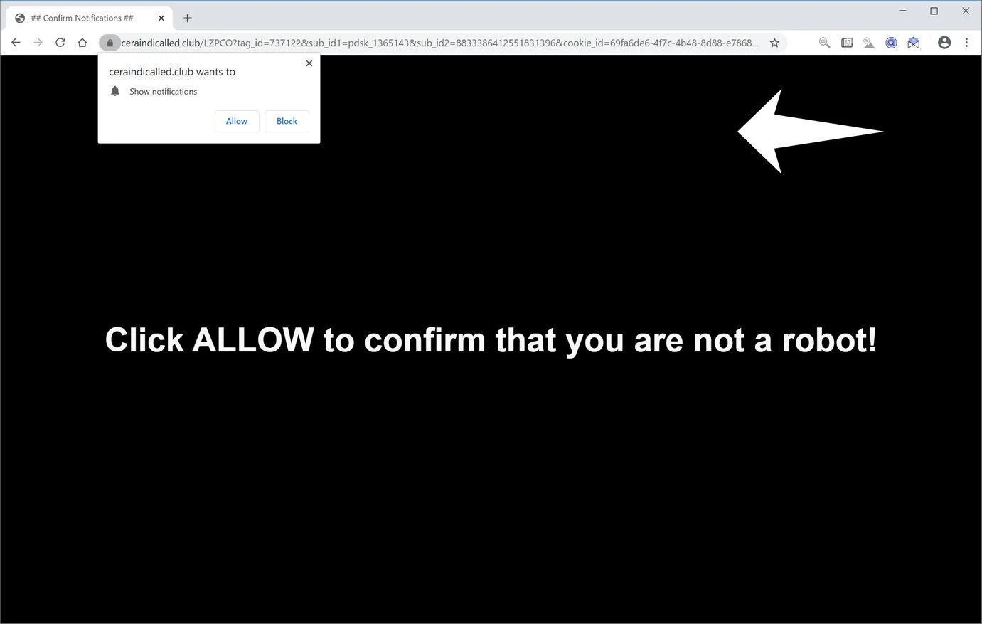 Remove Ceraindicalled.club pop-up ads (Virus Removal Guide) 1 Image: Chrome browser is redirected to Ceraindicalled.club