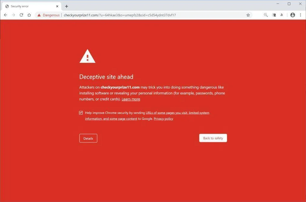 Image: Chrome browser is redirected to Checkyourprize11.com