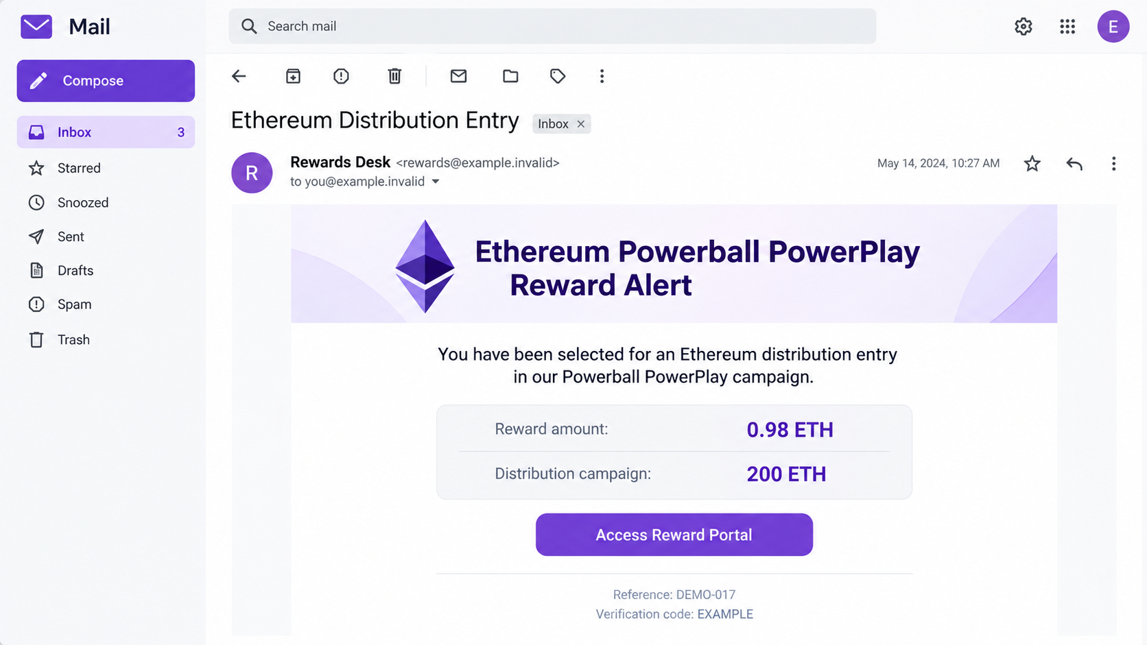 Illustrative Ethereum Powerball PowerPlay email promising a 0.98 ETH reward through a claim portal