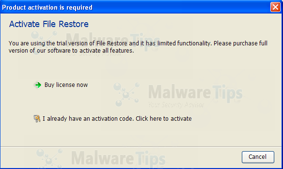 File Restore Activation File Restore activation prompt
