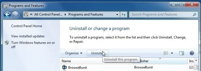[Image: Uninstall BrowseBurst program from Windows]