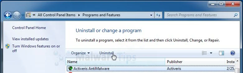 [Image: Uninstall Activeris AntiMalware program from Windows]