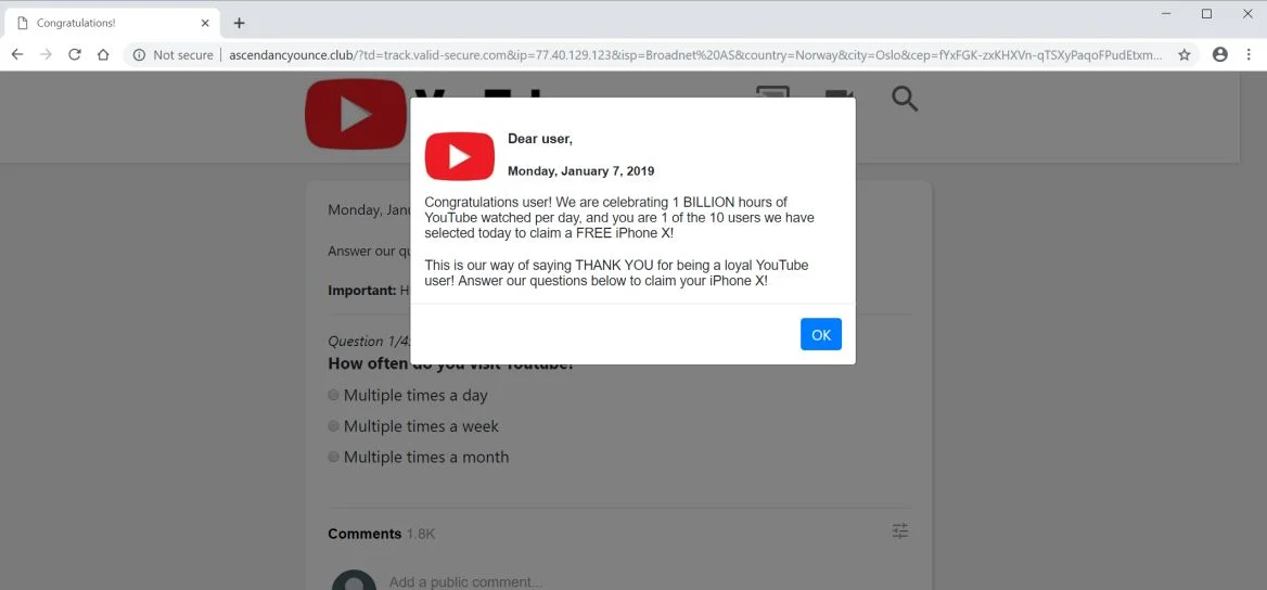 Remove "Dear YouTube User" pop-up ads (Virus Removal Guide) 1 Image: Dear YouTube user Pop-up Scam