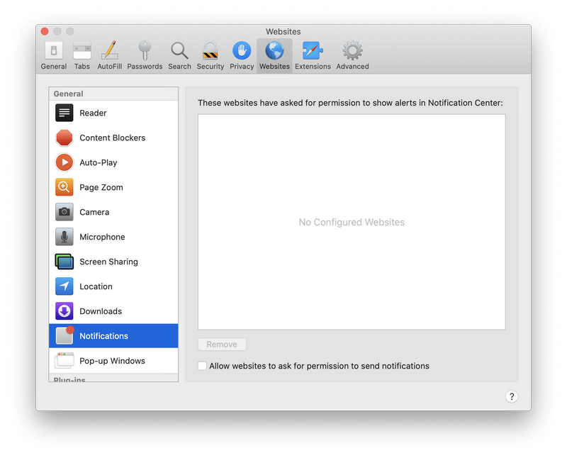 Deselect Allow websites to ask for permission to send push notifications