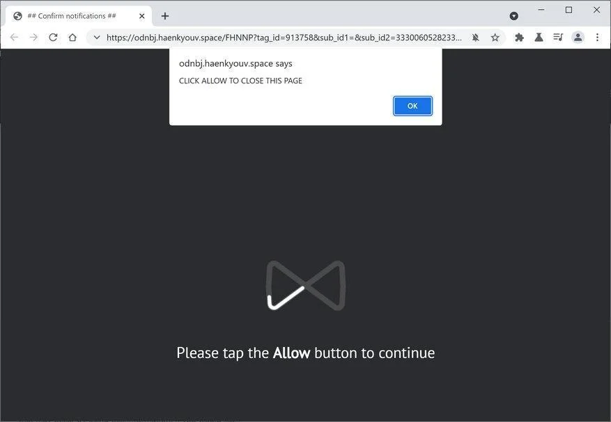 Image: Chrome browser is redirected to Haenkyouv.space
