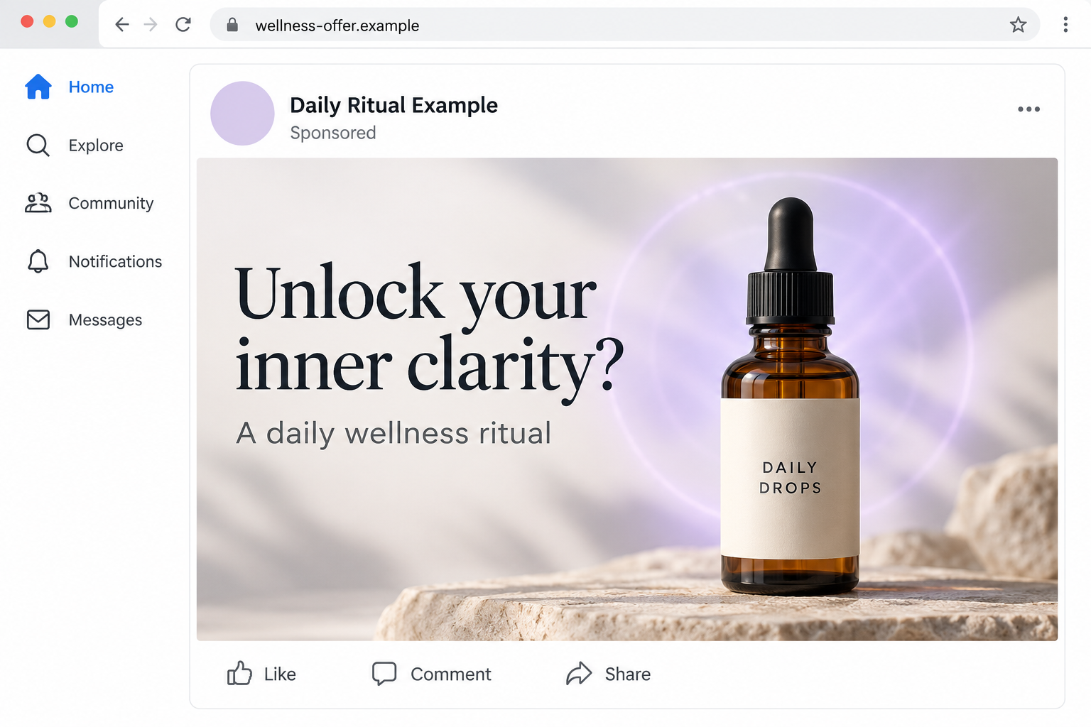 Illustrative spiritual wellness advertisement with a plain dropper bottle and fictional example domain