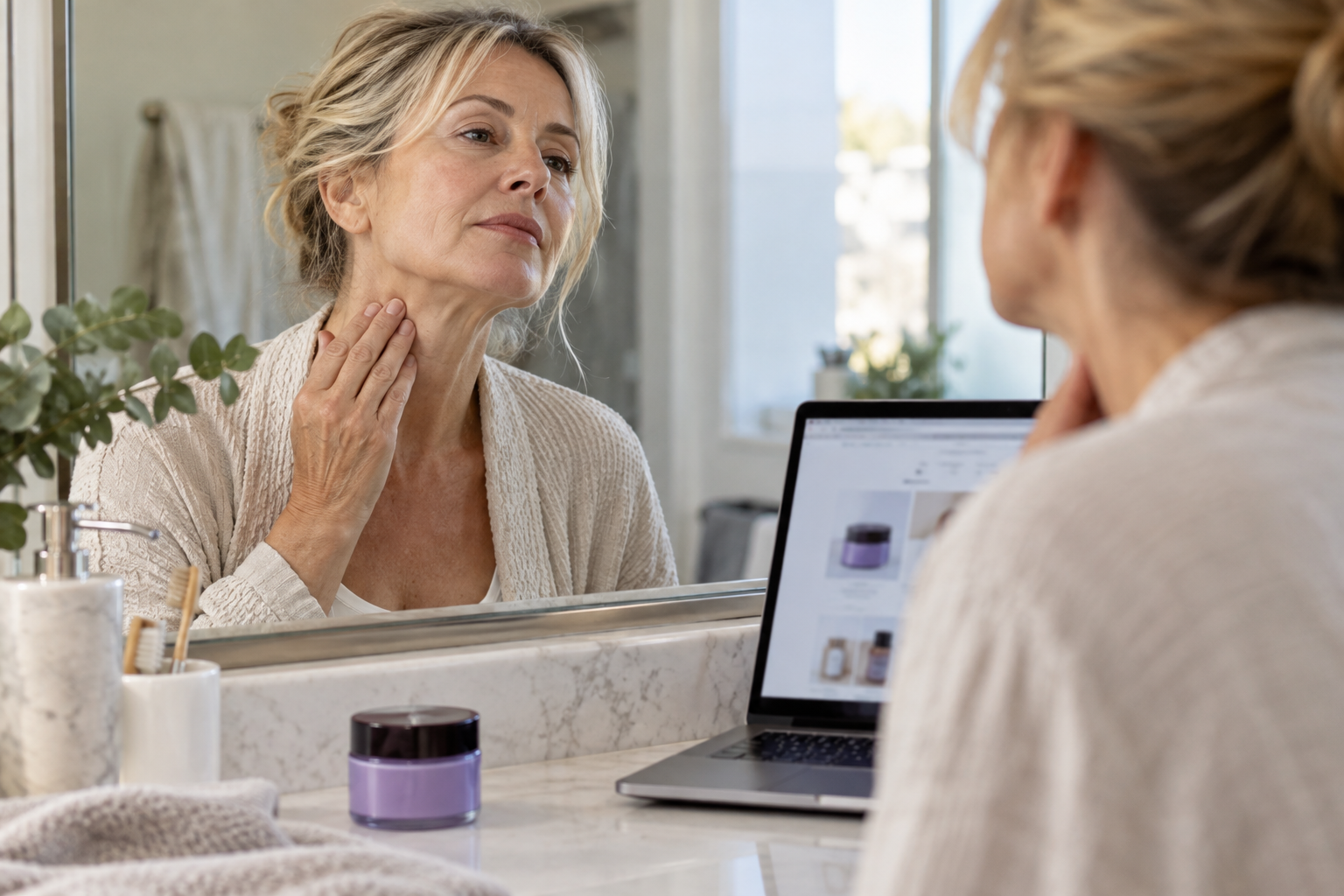 Zyren Neck Cream EXPOSED: Firming Claims and a Narrow Refund Claim Window 1 Editorial illustration of a woman considering neck skincare beside an unbranded cream and an online shopping page