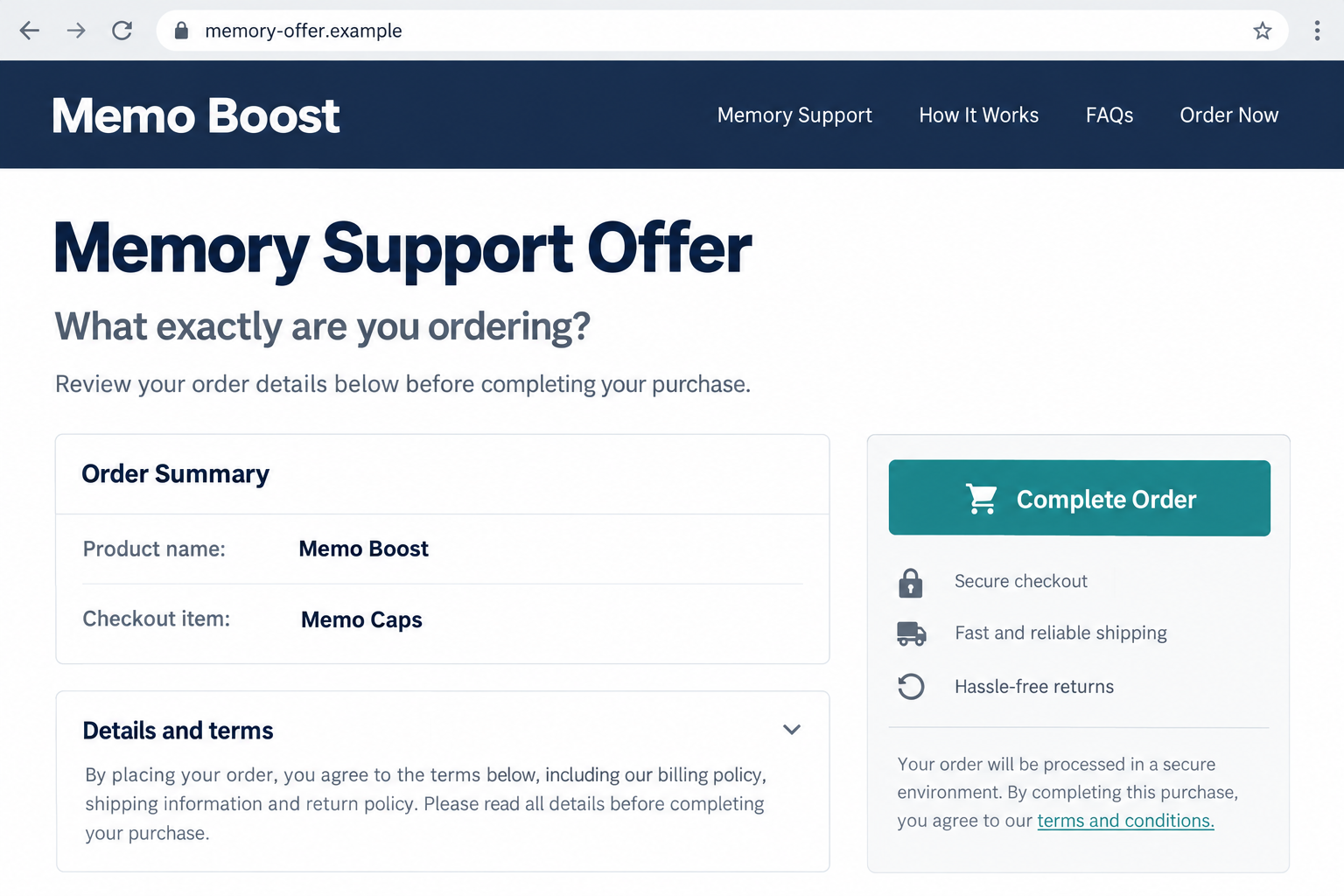 Illustrative order summary showing Memo Boost advertising and a Memo Caps checkout item