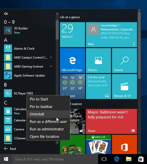 Uninstall App from Windows 10