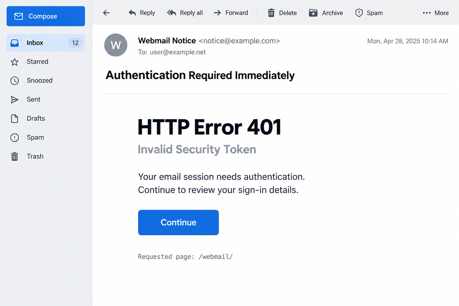 Illustrative webmail notice claiming HTTP Error 401 and Invalid Security Token, with a Continue button