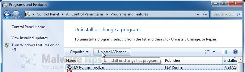[Image: Uninstall FLV Runner Toolbar from Windows XP, Vista, 7 and 8]