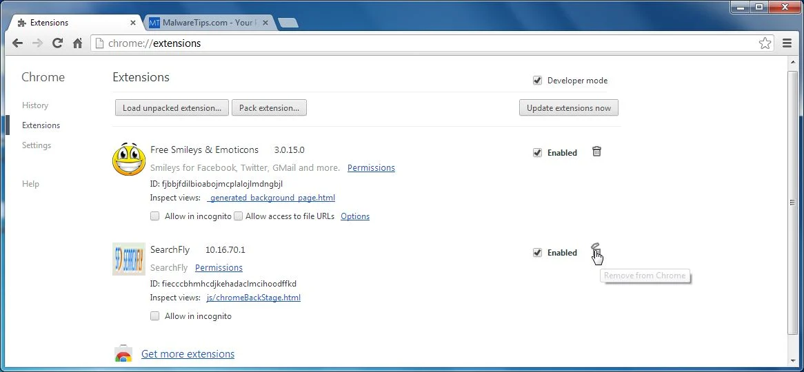 [Image: Smileys We Love Chrome extension removal]