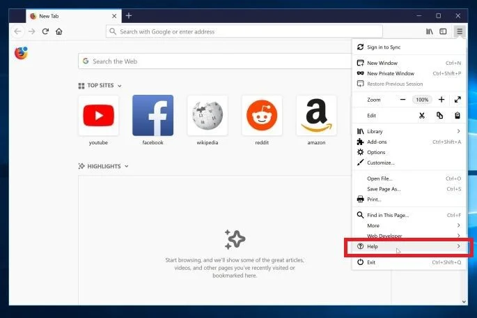 Click on the Firefox Menu button then select Help Click on the Firefox Menu button then select Help - Firefox Guide