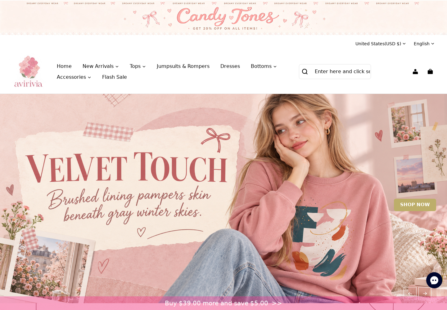 Avirivia fashion storefront showing its Candy Tones promotion and discounted clothing presentation