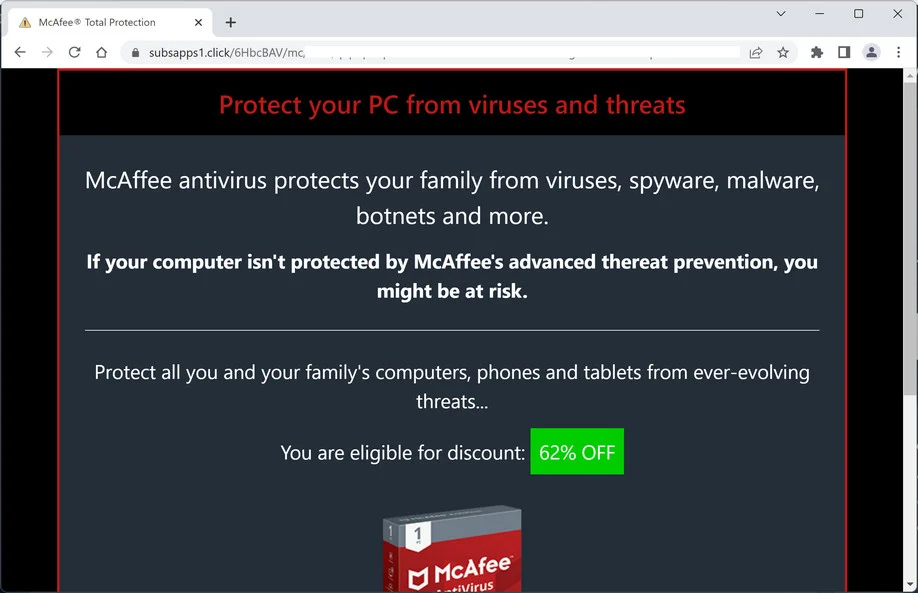 Image: Subsapps1.click Fake McAfee Virus Alert