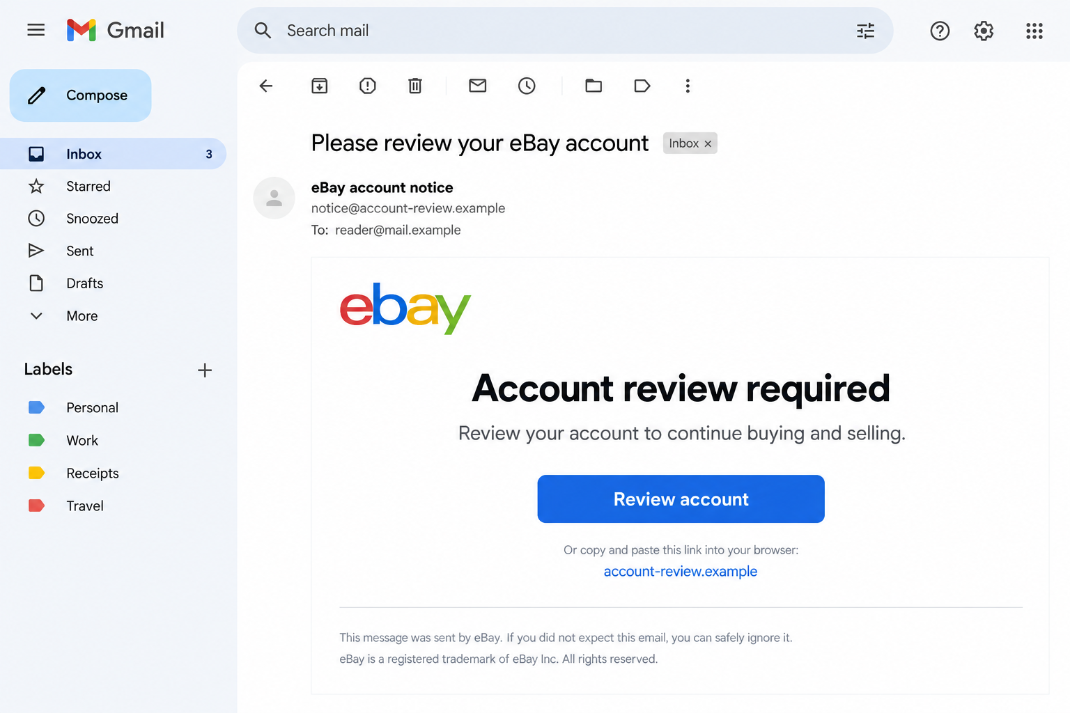 Illustrative email borrowing the eBay name and requesting an account review through a fictional example-domain link