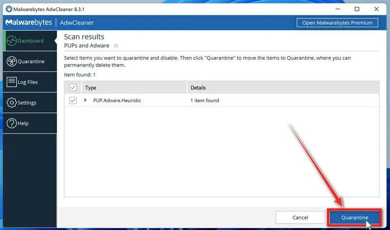 Click on Quarantine to remove malware