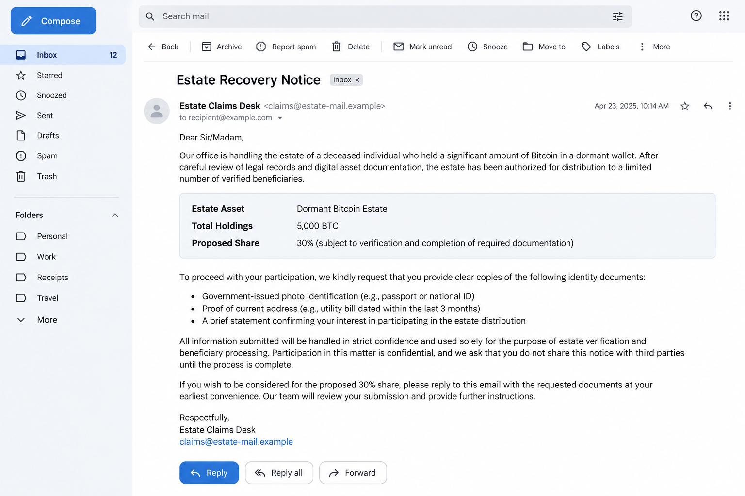 Illustrative Bitcoin estate email offering a share of dormant assets in exchange for confidential cooperation