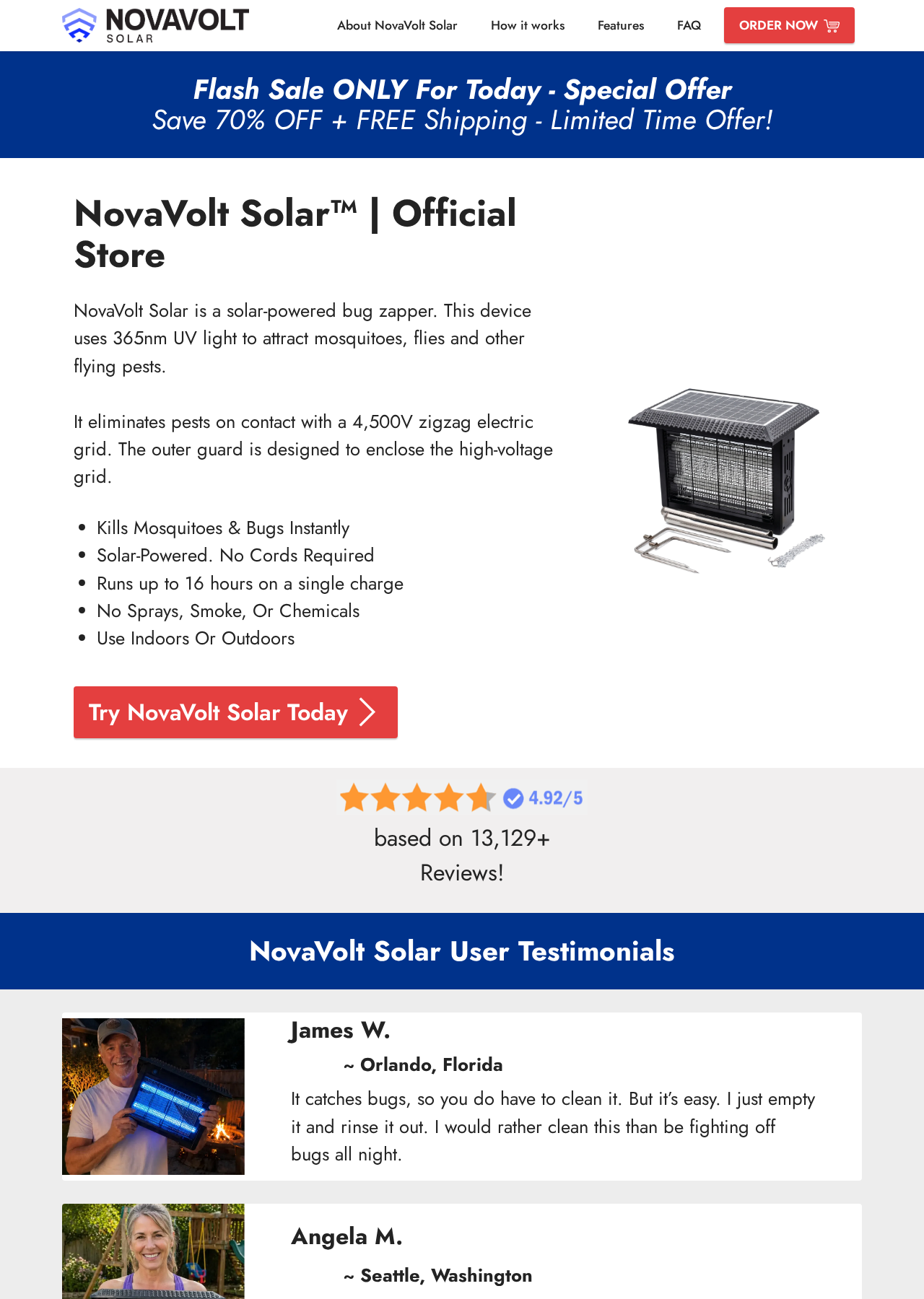 NovaVolt Solar promotional page showing UV-light mosquito claims, a solar bug zapper and a 70% offer