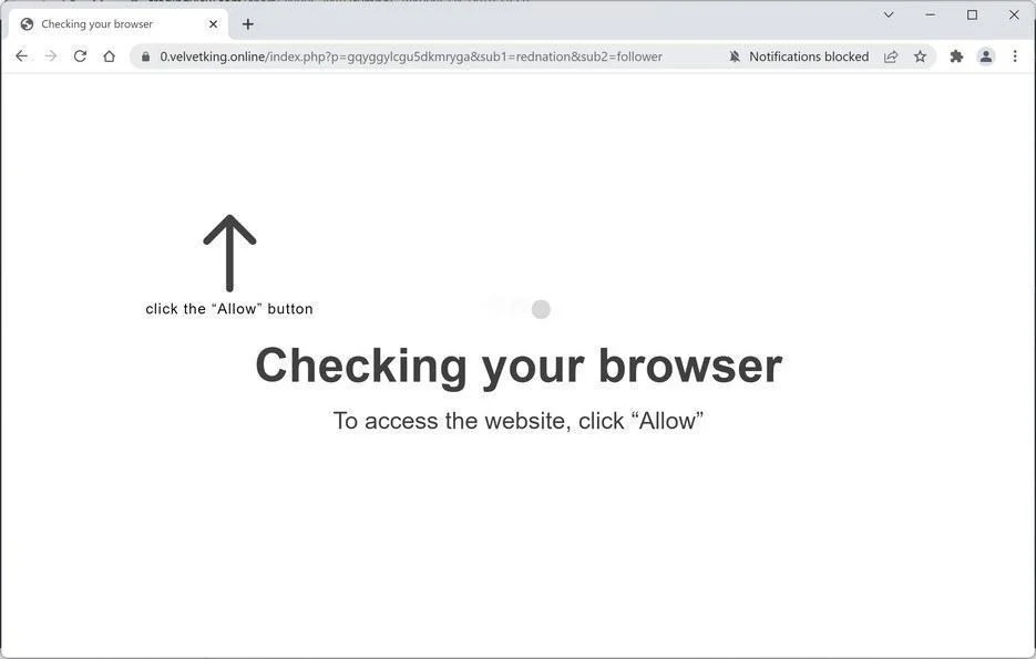 Image: Chrome browser is redirected to Velvetking.online