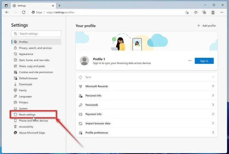 Open Reset settings in Microsoft Edge