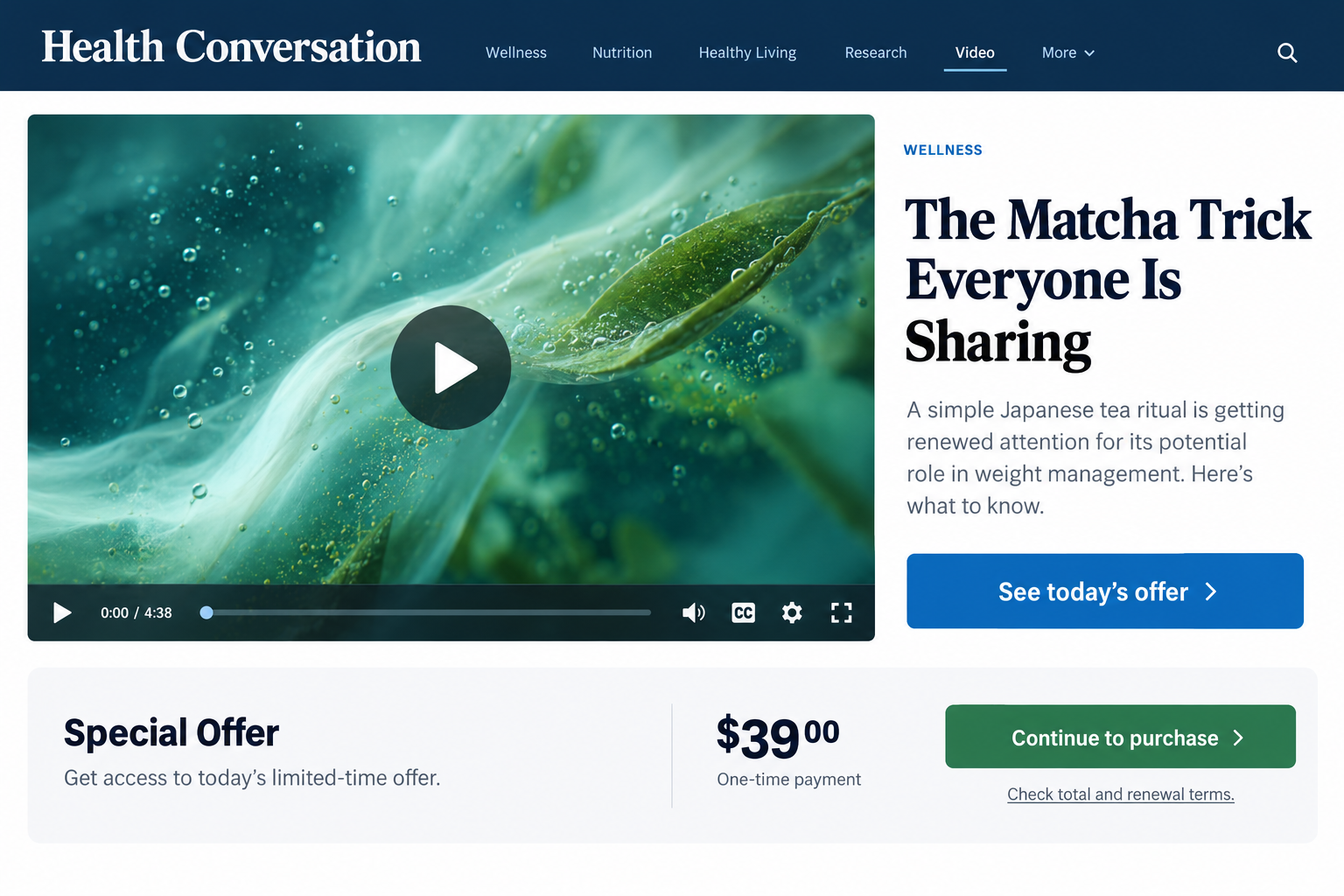 Fictional news-style matcha video interface illustrating a path from a health presentation to a purchase