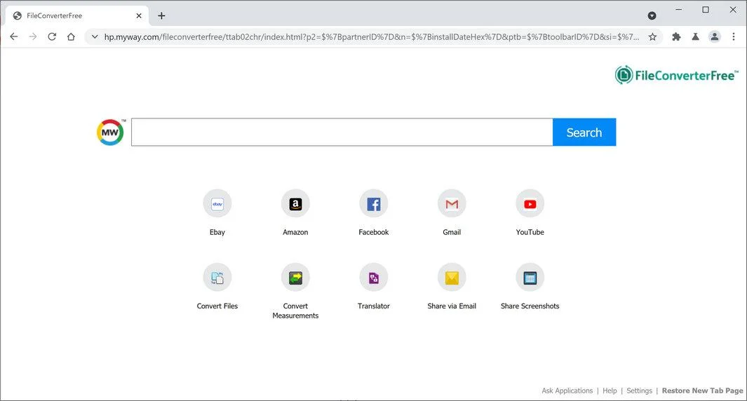 Image: Chrome browser is redirected to FileConverterFree new tab page