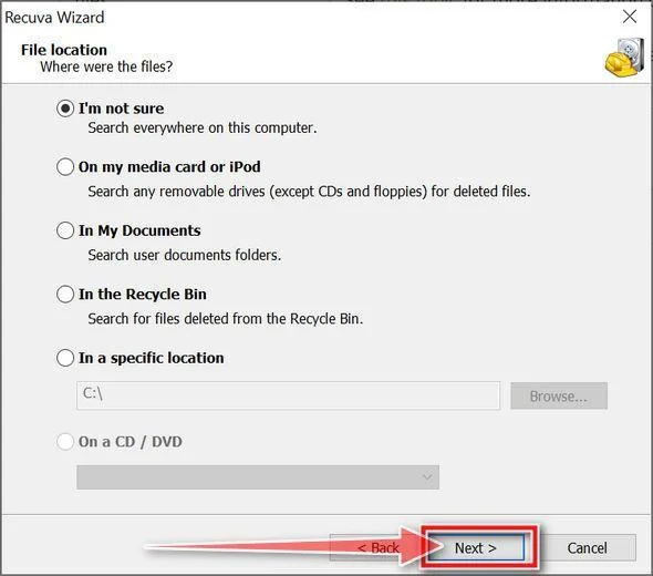 Recuva Wizard third screen Recuva Wizard third screen