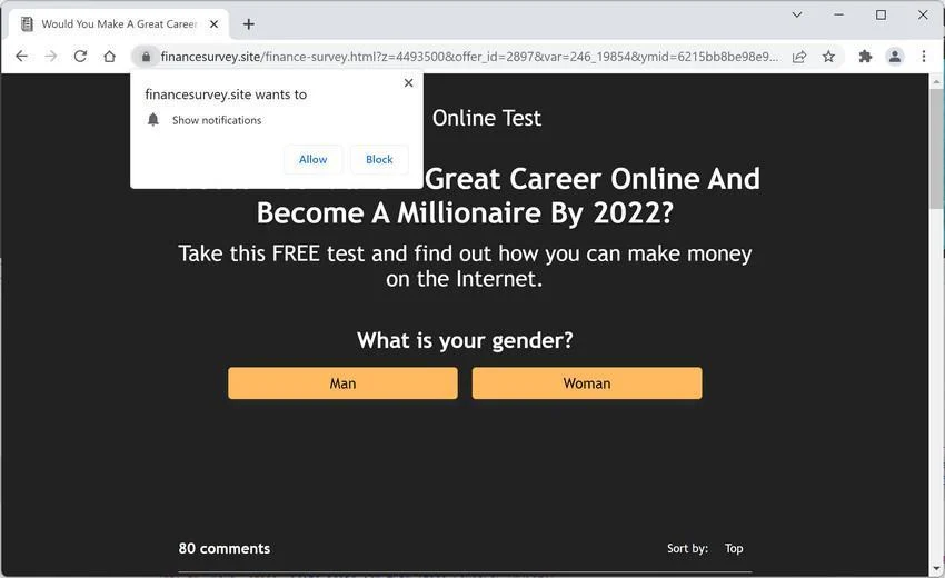How to Remove Financesurvey.site Ads (Virus Removal Guide) 1 Image: Chrome browser is redirected to Financesurvey.site