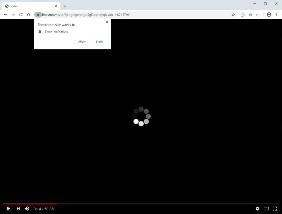 Image: Chrome browser is redirected to Finestream.site
