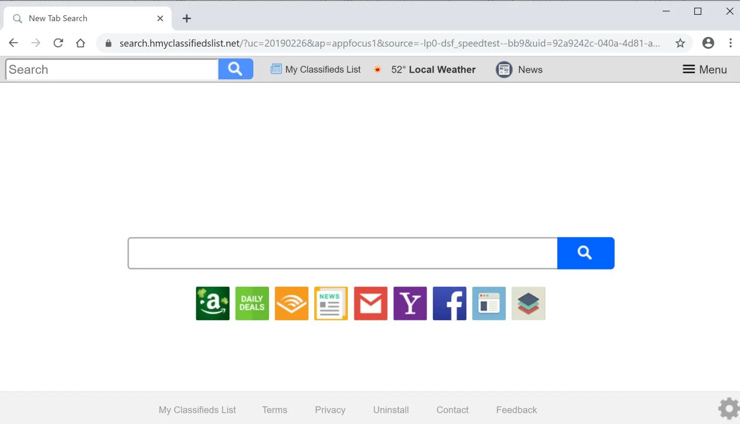 Image: Chrome browser is redirected to the search.hmyclassifiedslist.net site