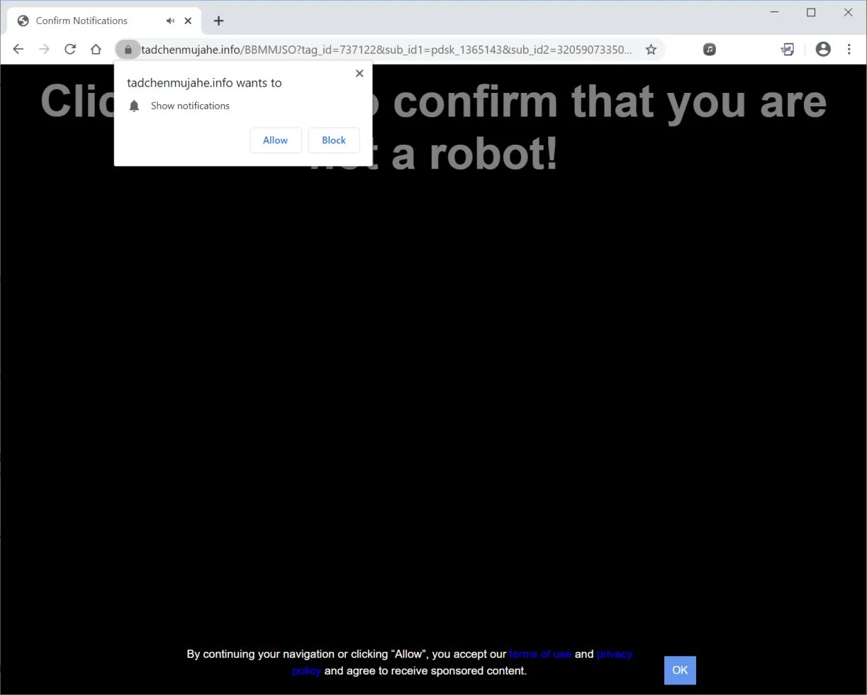 How to remove Tadchenmujahe.info pop-up ads (Virus Removal Guide) 1 Image: Chrome browser is redirected to Tadchenmujahe.info