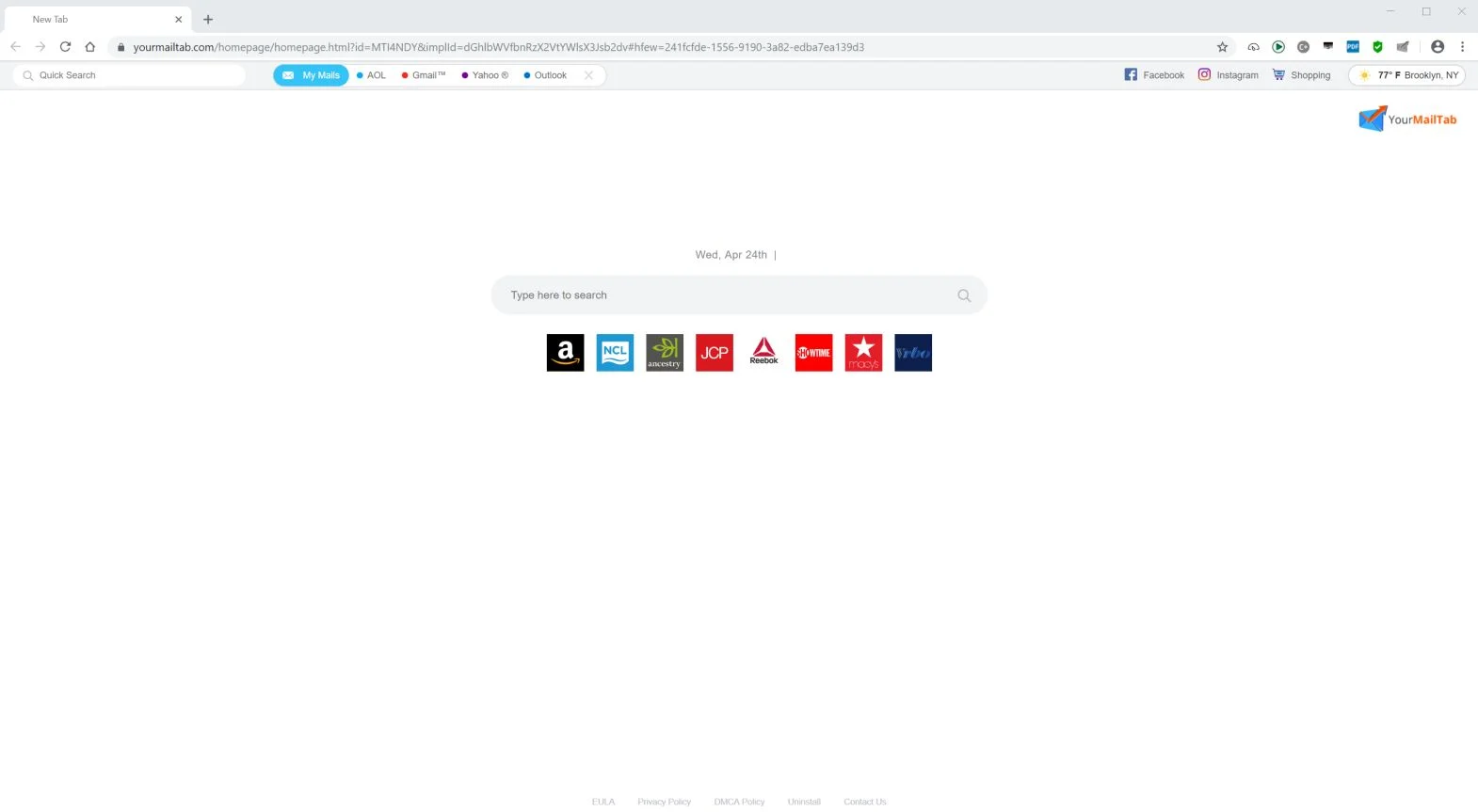  Image: Google Chrome is redirected to the Yourmailtab.com site