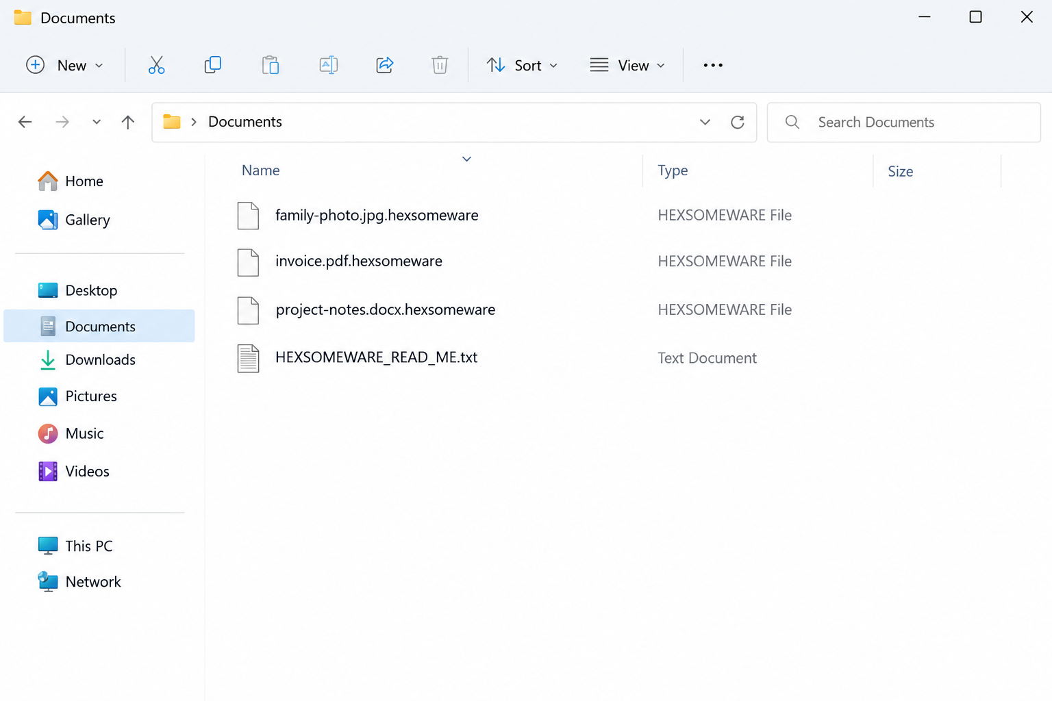 Hexsomeware Ransomware Removal: .hexsomeware Files and Recovery Options 1 Illustrative Windows file list showing the .hexsomeware extension and HEXSOMEWARE_READ_ME.txt ransom note