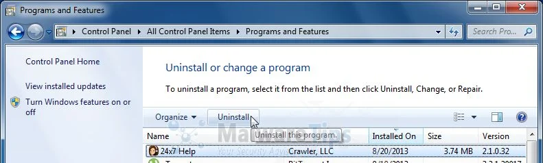 [Image: Uninstall 24x7 Help programs from Windows]