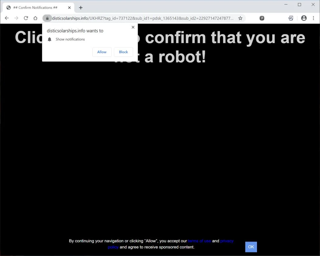 Image: Chrome browser is redirected to Disticsolarships.info