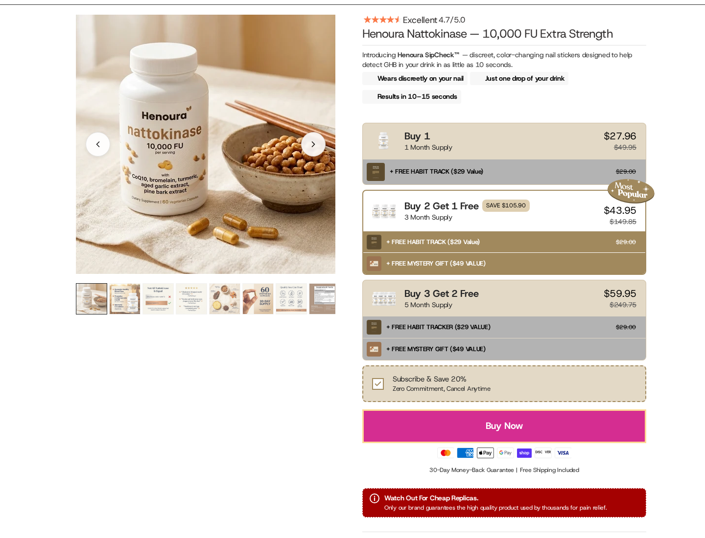 Henoura nattokinase bottle and product title displayed beside SipCheck drink-test sticker copy, bundle prices, and a checked subscription option