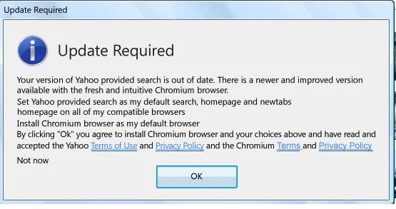 Remove "Your Version Of Yahoo Provided Search Is Out Of Date" Pop-up 1 Your Version of Yahoo Provided Search is Out of Date virus