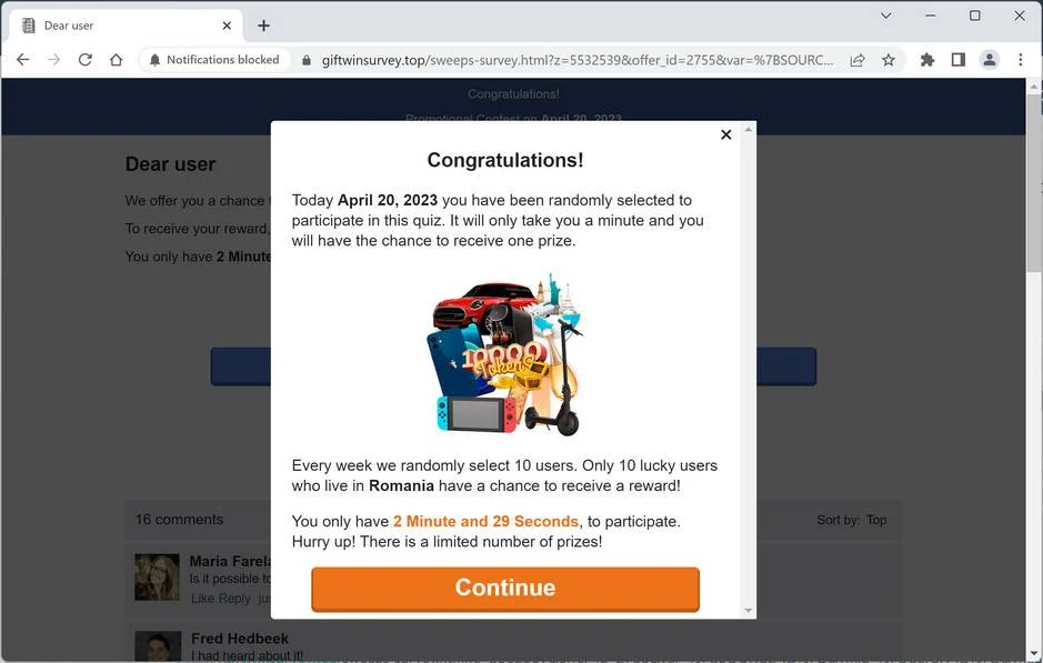 Screenshot of Giftwinsurvey.top Fake Survey