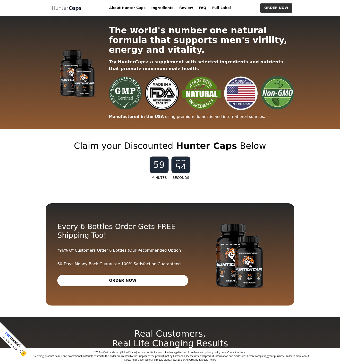Hunter Caps sales page showing male vitality claims, manufacturing badges and a six-bottle promotion