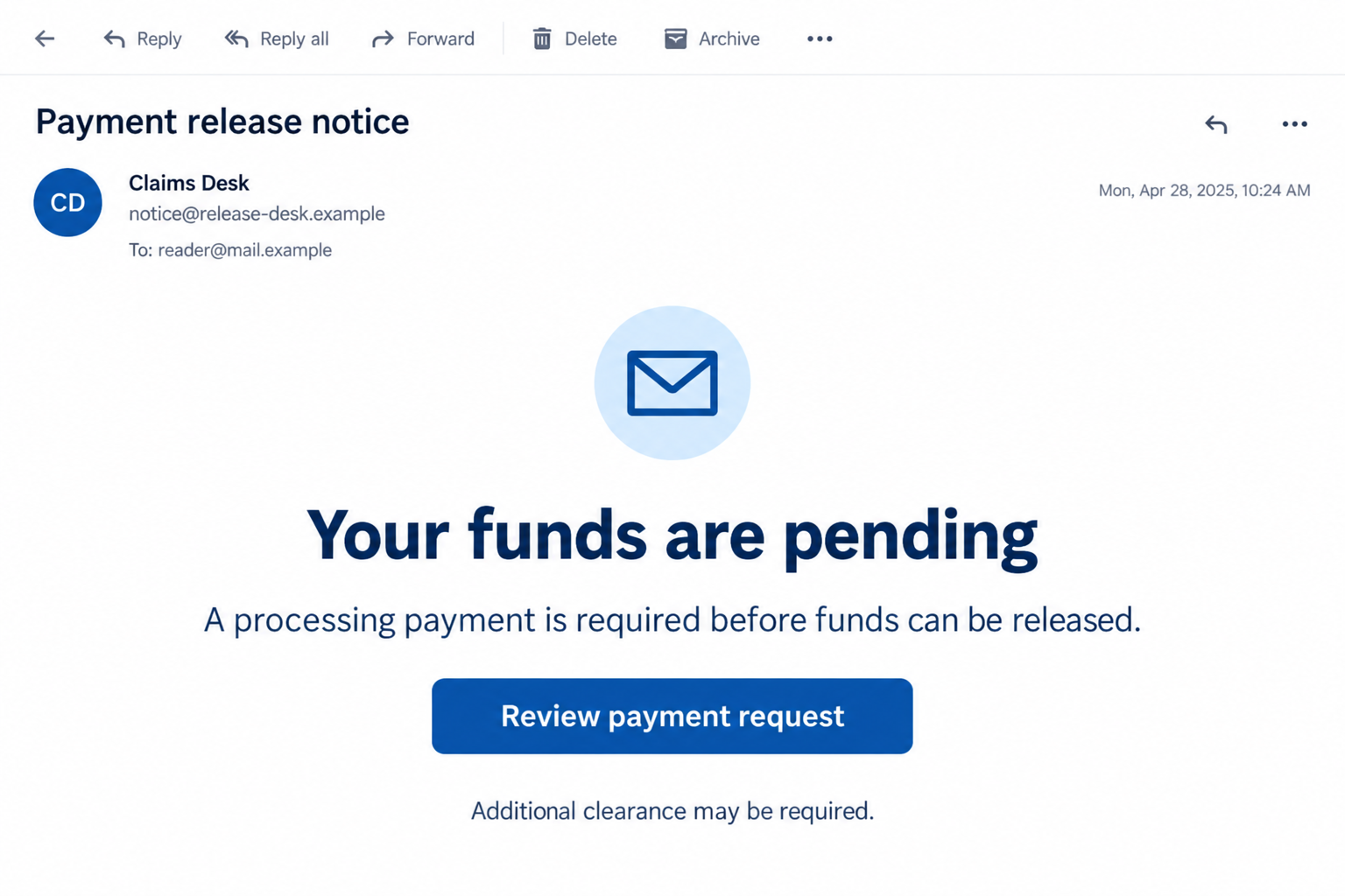 Illustrative payment release email requesting a processing payment before promised funds are sent