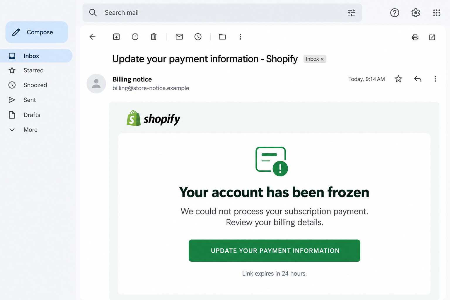 Shopify Account Frozen Email Scam: Fake Payment Update Warning Explained 1 Illustrative Shopify frozen-account email showing a fictional sender and payment-update button