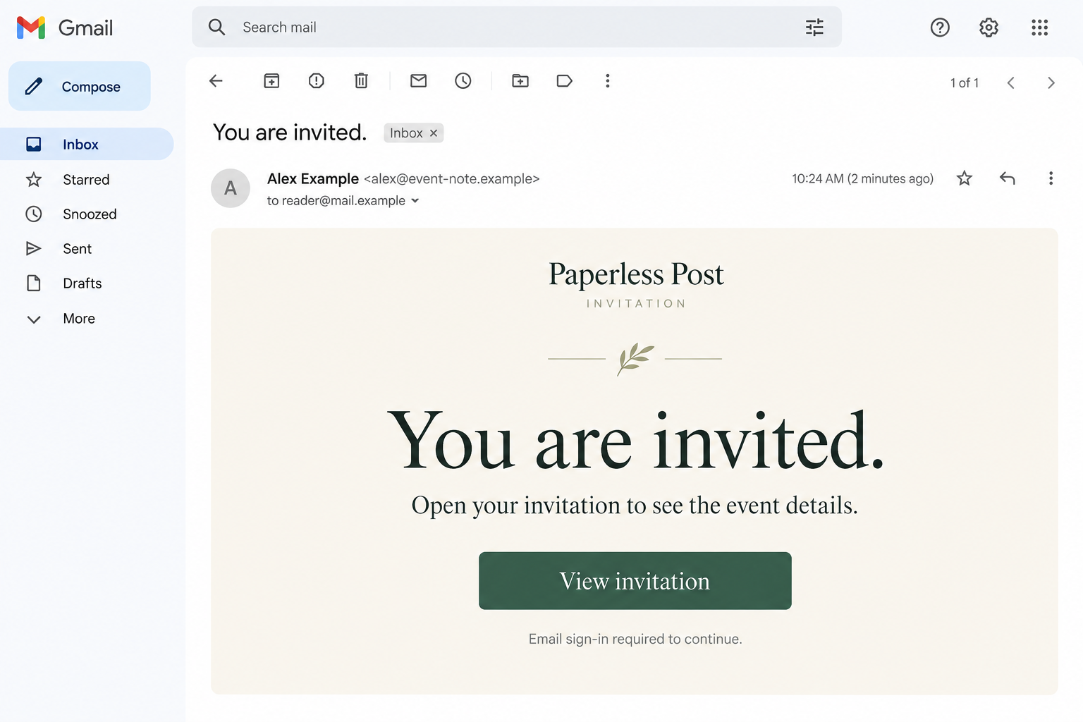 Illustrative fake invitation email with a View Invitation button and a fictional sender address